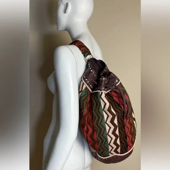 Free People Zola Leather Trimmed Tapestry Sling Bag Wavy Baby Stripes NWOT $198 - Picture 4 of 6